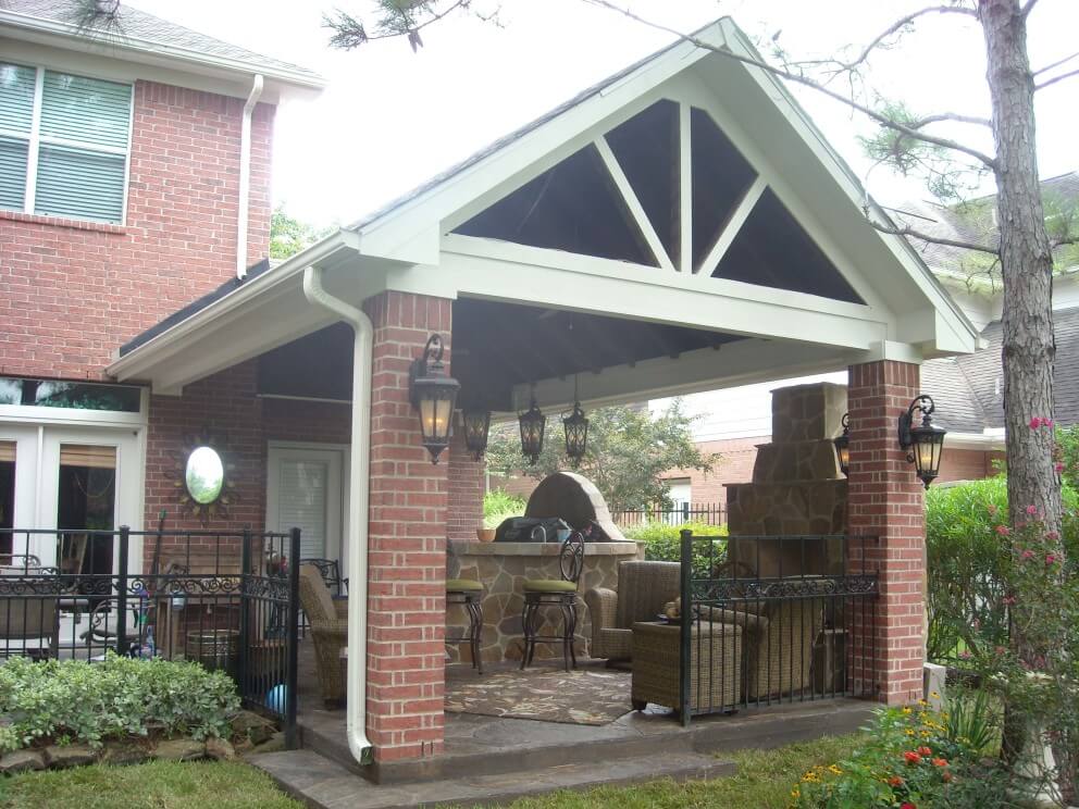 Gable Roof Patio Cover With Outdoor Kitchen Fireplace Texas Custom Patios