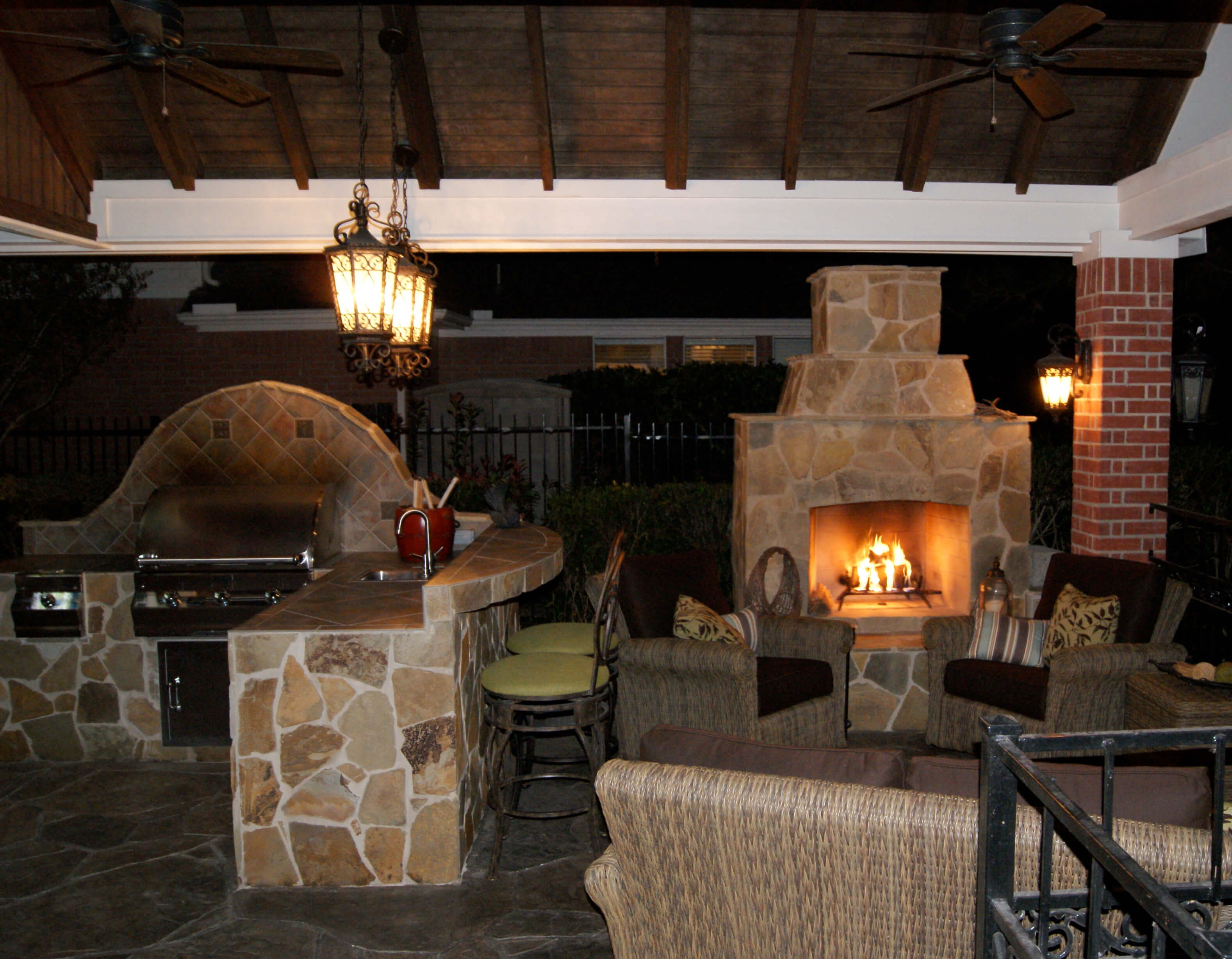 Gable Roof Patio Cover With Outdoor Kitchen & Fireplace - Texas Custom
