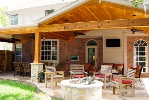 Patio cover with stone and cedar