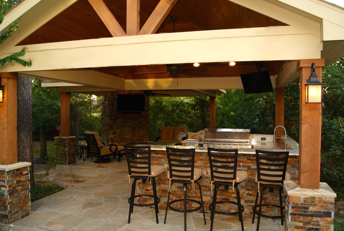 Freestanding patio with kitchen and fireplace