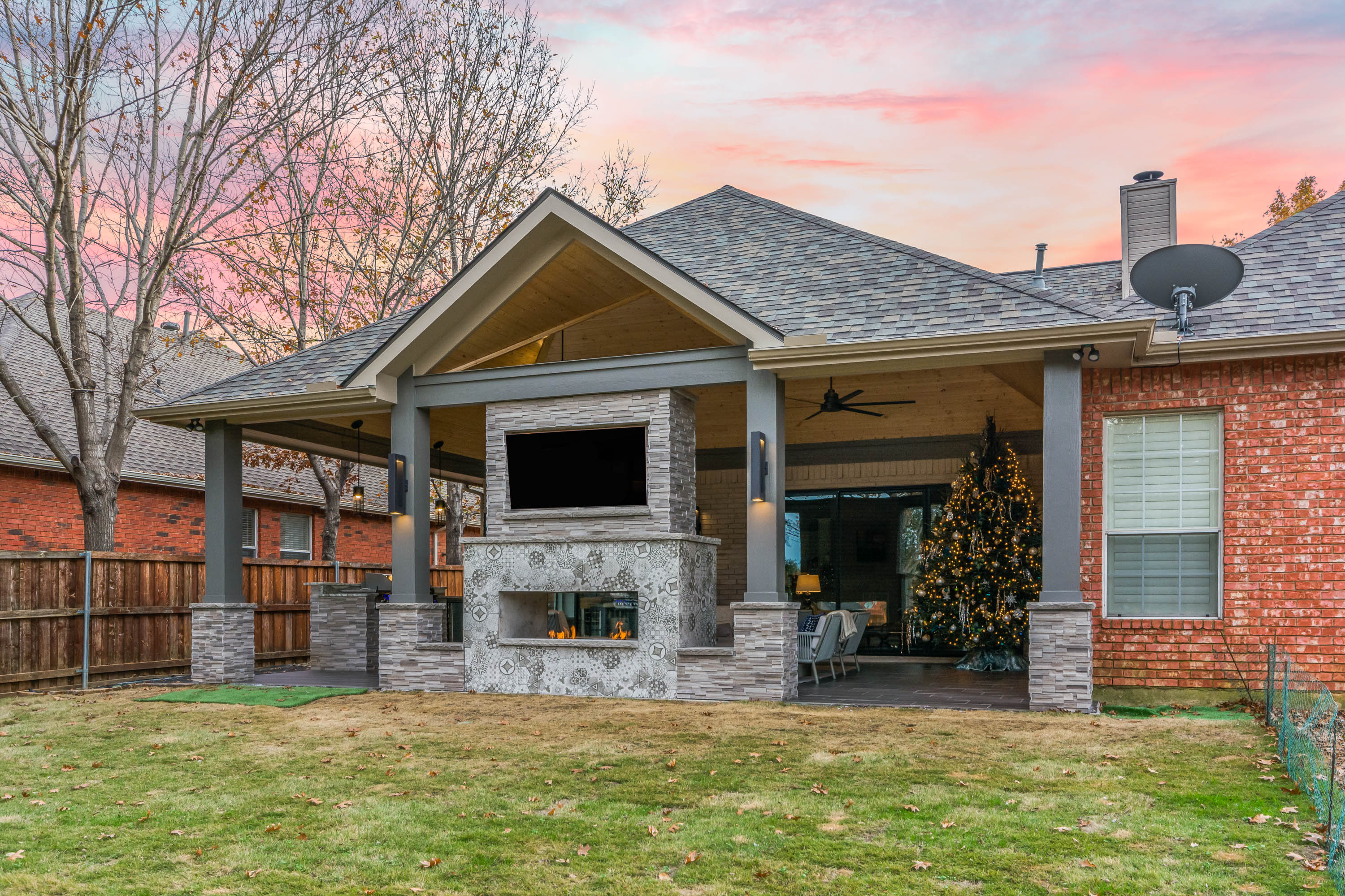 Contemporary Patio Cover with Fireplace in Flower Mound - Texas Custom