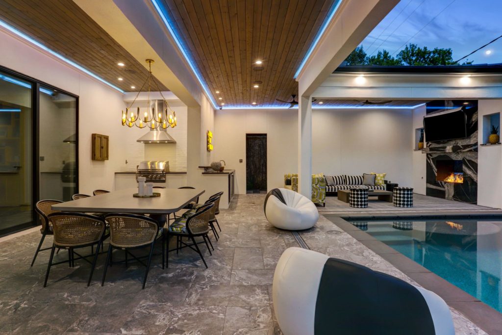 Modern outdoor patio with pool