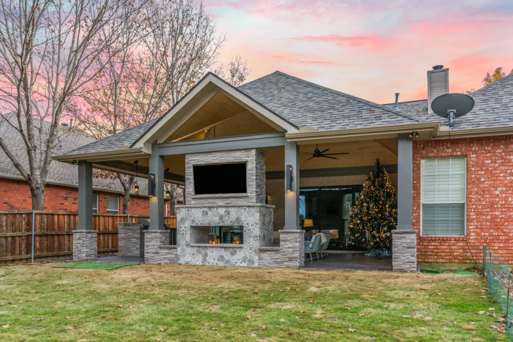 Contemporary Patio Cover with Fireplace in Flower Mound