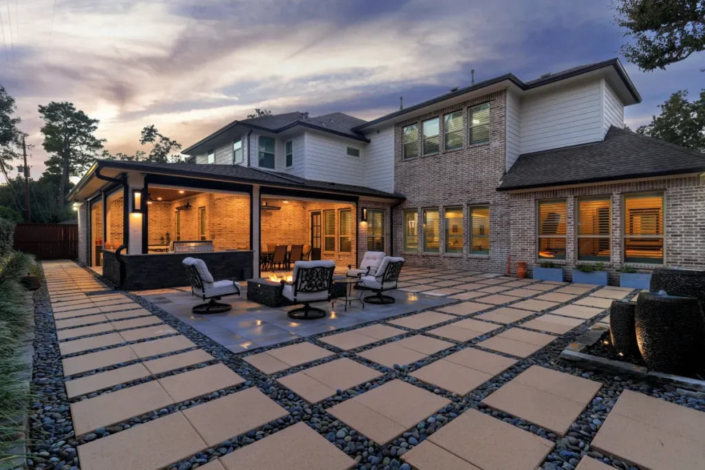 Patio Cover with retractable screens, Kitchen and fire pit area